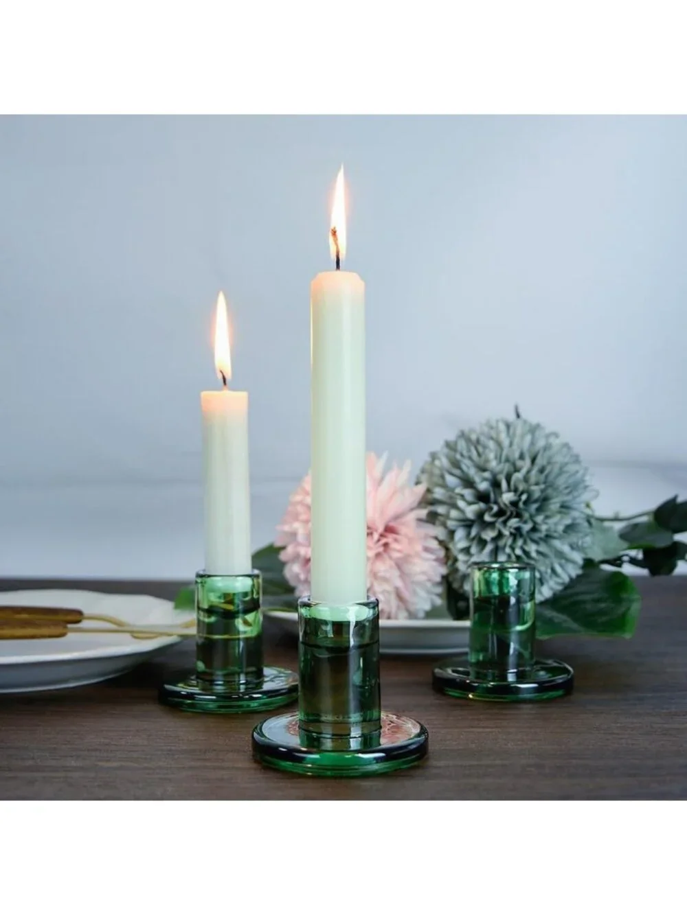 Set of 6 Short Green Glass Taper Candle Holders for 7/8